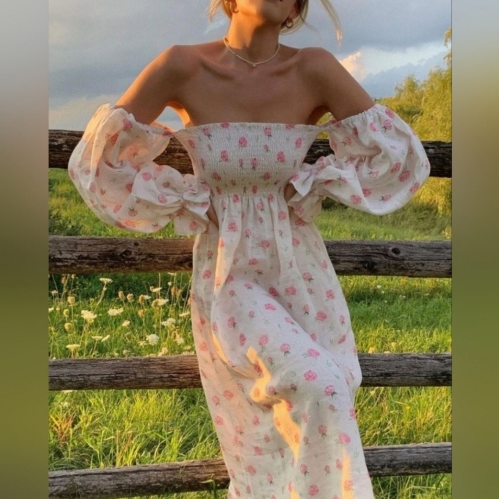 Sleeper 100% linen atlanta midi dress in roses, large